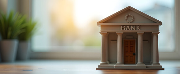 Miniature bank model in a bright indoor setting, symbolizing finance and stability.