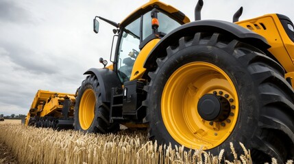 Heavy Yellow Tractor Working in Wheat Field Under Cloudy Sky