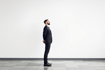 Fototapeta premium Businessman standing with hands behind back in formal suit looking up.