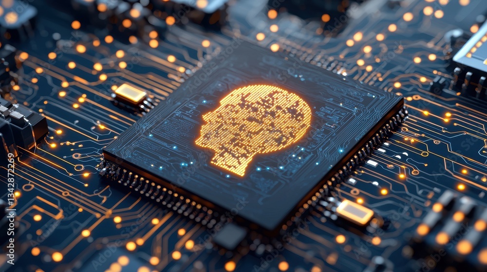 Aufkleber digital circuit board with glowing head symbolizing artificial intelligence