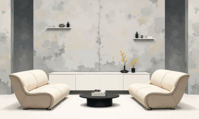 Minimalist Living Room with Twin Cream Sofas and Concrete Wall