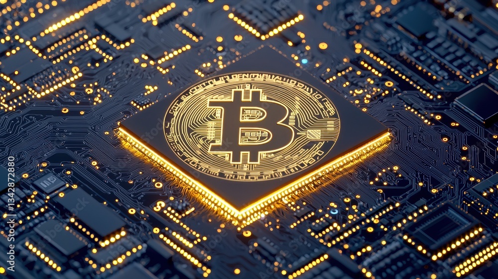 Poster bitcoin symbol on microchip with golden circuit board background