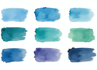 Nine Blue Watercolor Brush Strokes on White