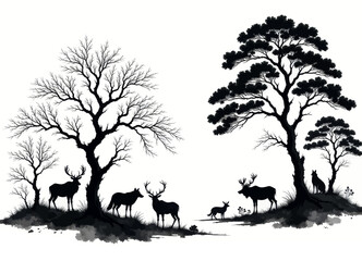 Monochrome Deer, Wolf Silhouettes by Trees on White