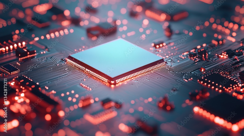 Poster futuristic close-up of a circuit board with glowing red elements