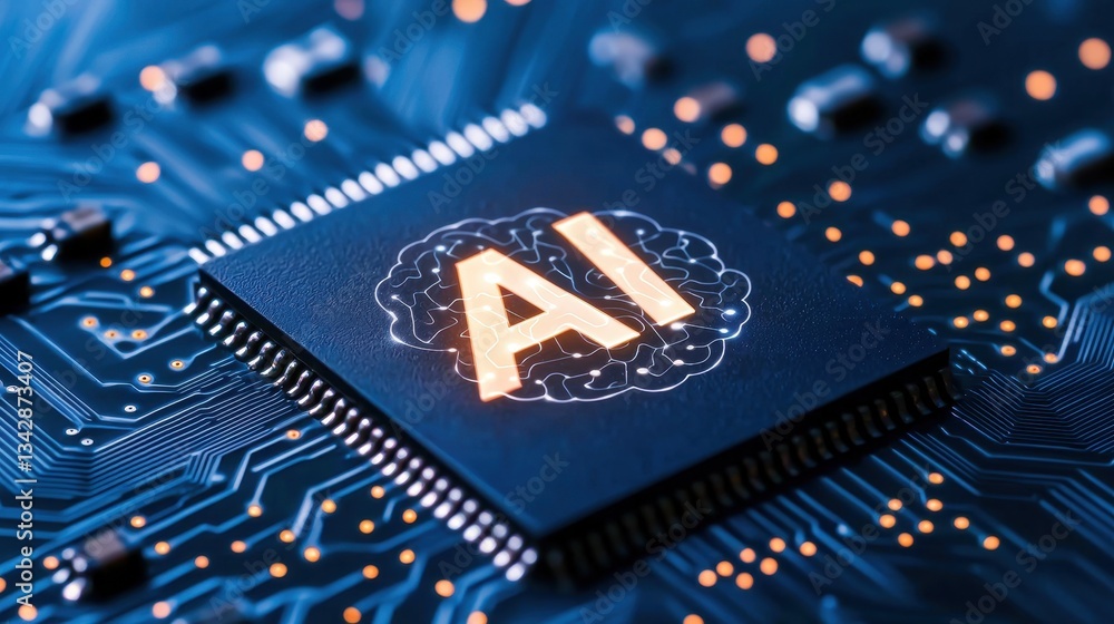 Poster microchip featuring ai concept on circuit board technology background