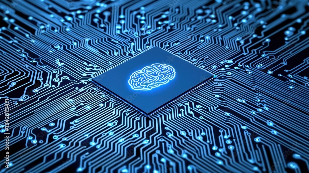 Poster circuit board with brain design illustrating artificial intelligence concept