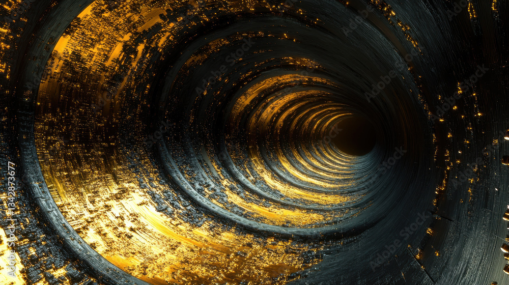 Poster mesmerizing golden tunnel with intricate patterns and glowing details, evoking sense of depth and wo