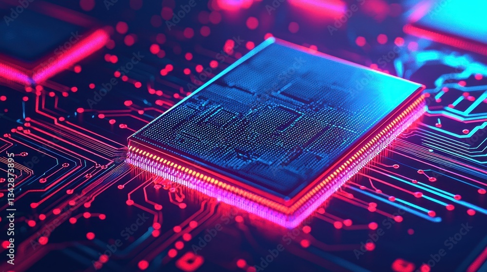 Poster futuristic microchip on circuit board with neon glow effect