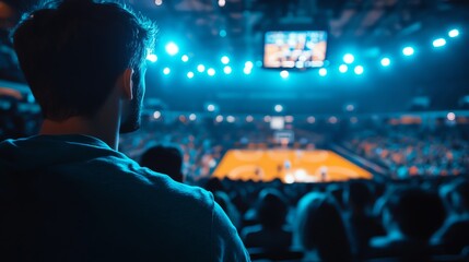 Man Watching Basketball Game in Arena with Bright Lights and Crowd