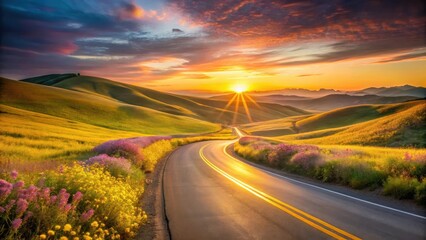 Serene Sunset Vista A Winding Road Through Golden Fields and Vibrant Wildflowers at the End of the Day