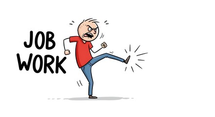 Cartoon Man Kicking Job Work with Anger, Frustration Concept