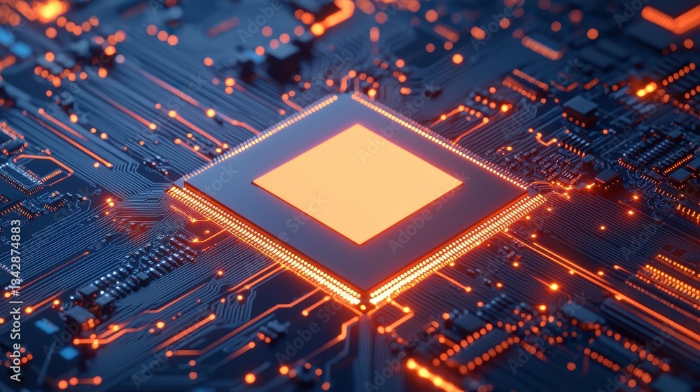 Poster close-up of a modern circuit board with glowing processor design
