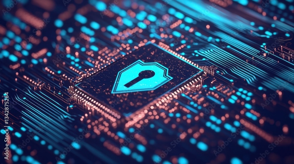 Poster digital security concept with circuit board and lock symbol