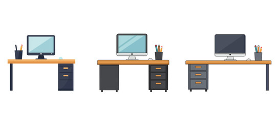 Office Desk with Computer Vector Illustration Set