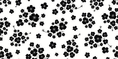 Seamless floral pattern, black cherry blossoms on white