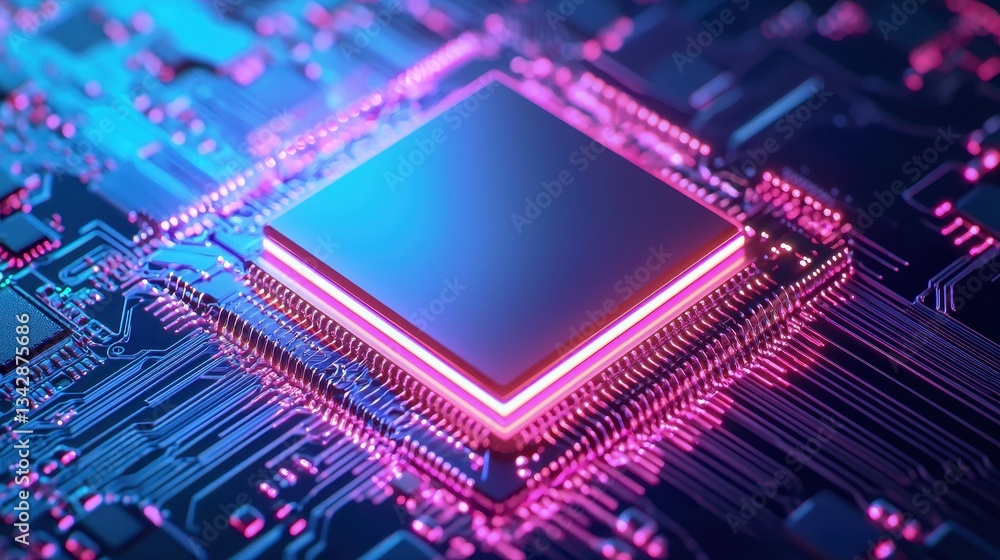 Poster futuristic microchip on circuit board with neon glow effect
