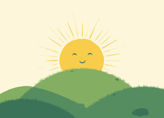 Fototapeta premium Smiling Sun Cartoon Peeking Over Green Hills