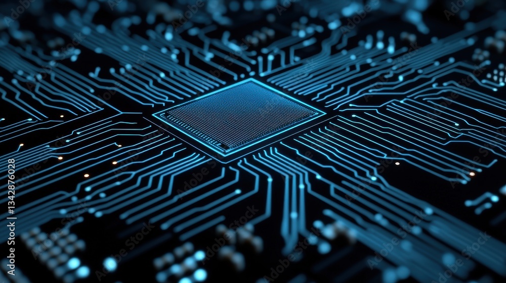 Poster close-up view of circuit board with blue neon glow and microchip design