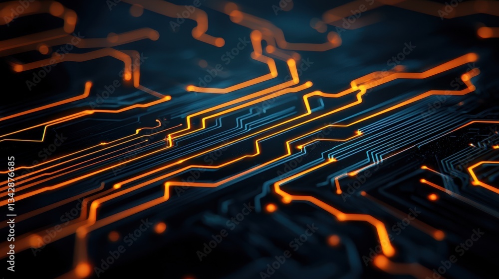 Poster abstract circuit board pattern with glowing lines and warm tones