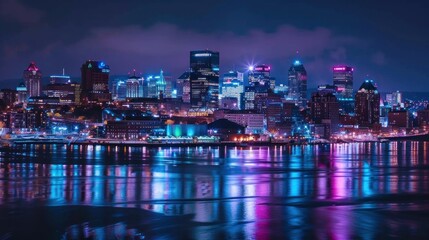 Fototapeta premium Nighttime skyline of a metropolis with lit-up buildings