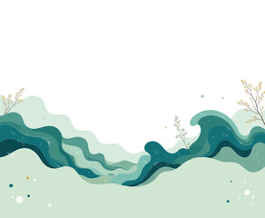 Teal waves with gold reeds abstract illustration