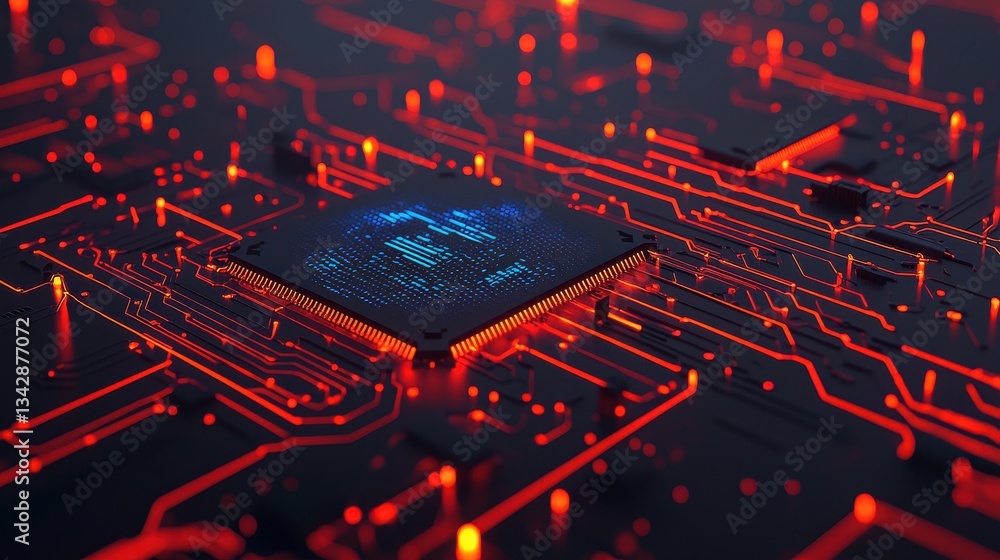 Aufkleber abstract digital circuit board with glowing red elements and chip