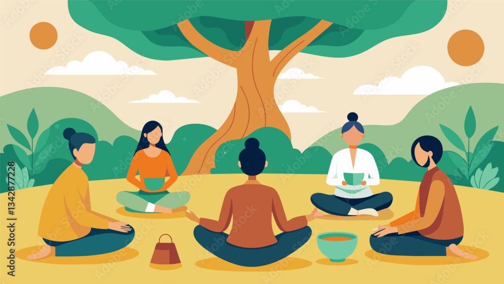 Poster a group meditation under the shade of a tree with a meditation guide leading and soothing sound bowl