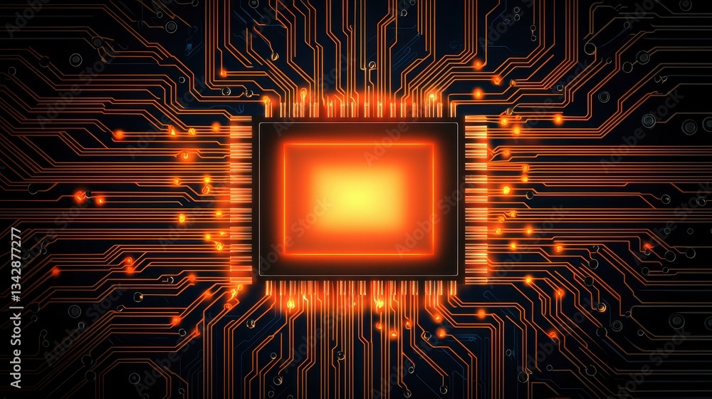 Poster abstract digital circuit board with glowing processor center