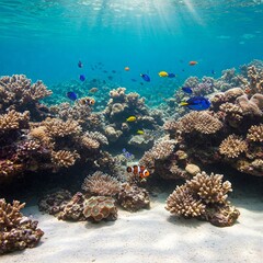 Naklejka premium vibrant tropical underwater coral reef scene with clownfish and blue tang in the maldives