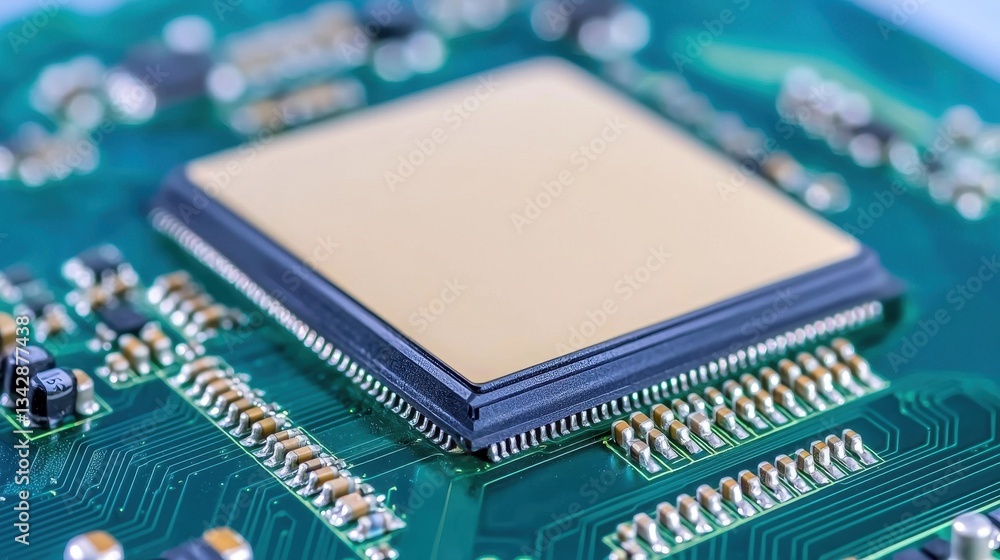Poster microprocessor on a circuit board with electronic components close-up