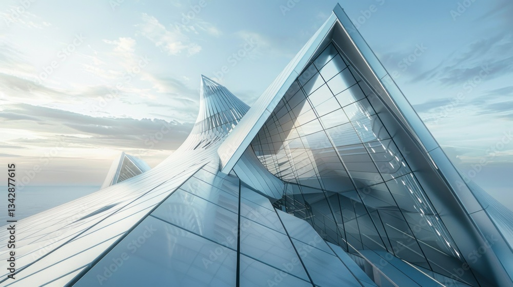 Aufkleber futuristic architecture with pointed rooftops and sharp lines.