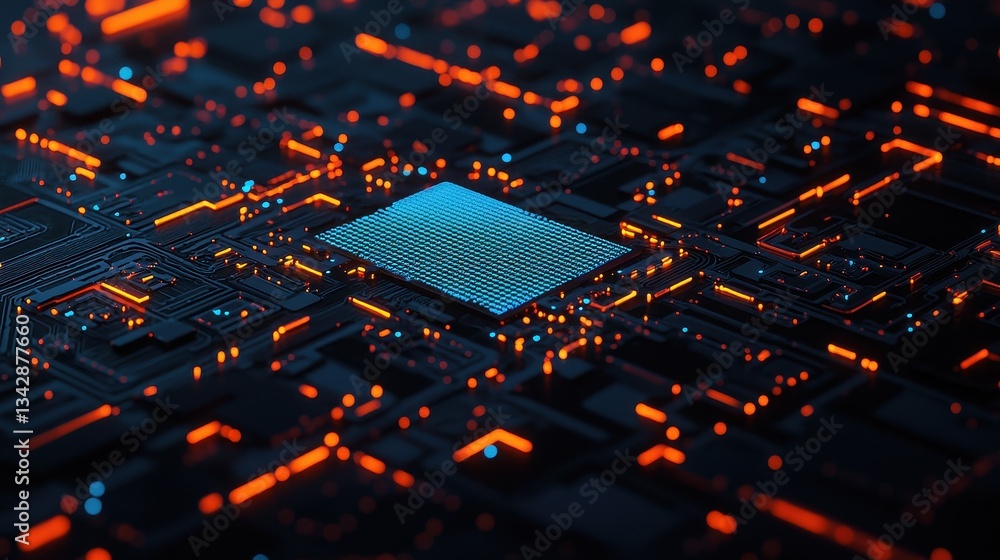 Poster abstract digital circuit board with neon lights and microchip