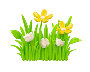 Cartoon grass with leaves and flowers vector 3d illustration. Green meadow Easter decoration, horizontal border icon. Spring design element isolated on white background