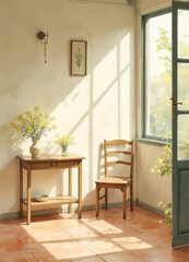 Warm sunlight fills rustic room, chair beside wooden table with yellow flowers