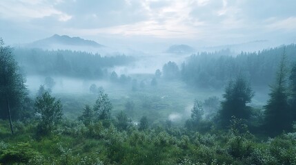 Smog Contamination Degradation, Misty Aerial View of Forested Landscape Obscured by Hazy Atmosphere