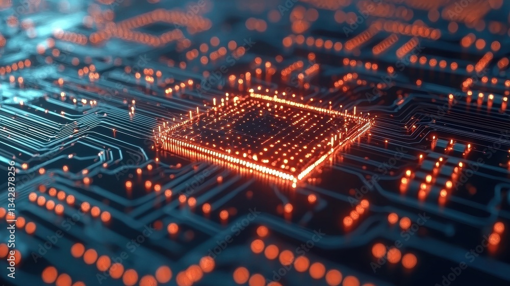 Poster electronic circuitboard close-up with glowing microchip design