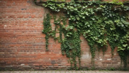 A weathered brick wall partially covered with green ivy.