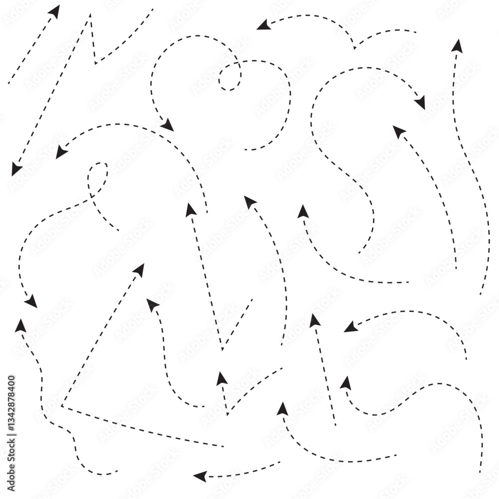 Poster set of black dotted arrows in doodle style. broken arrows in the form of a loop. flow direction. poi