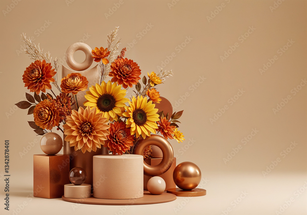 Poster natural abstract background with flowers and geometric shapes with space for text . generative ai