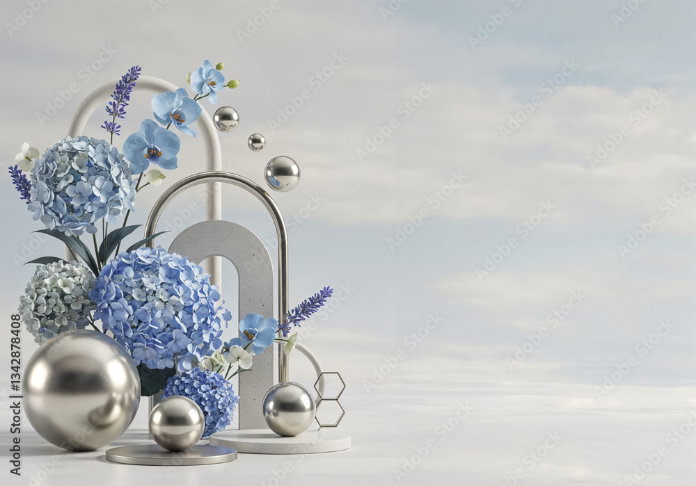 Poster natural abstract background with flowers and geometric shapes with space for text . generative ai