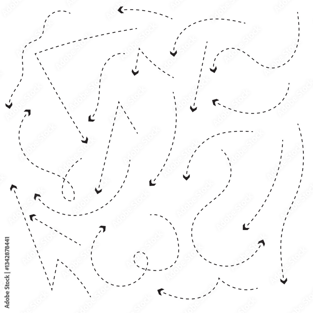 Poster set of black dotted arrows in doodle style. broken arrows in the form of a loop. flow direction. poi