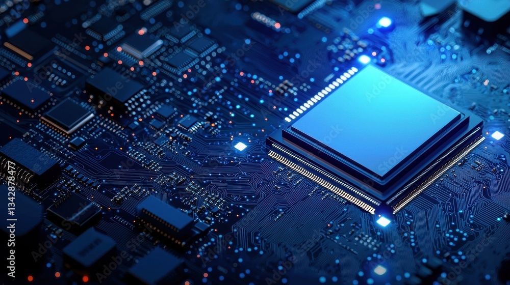 Poster close-up of high-tech microprocessor on circuit board with blue lights