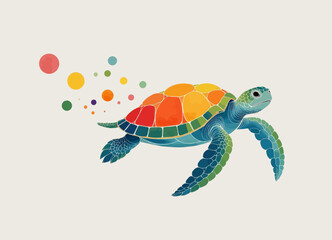 Watercolor Style Sea Turtle with Rainbow Shell and Colorful Bubbles