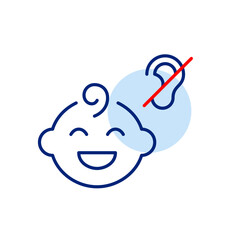 Smiling baby boy and no ear symbol. Silent nursery mode, hearing-impaired baby care, no sound alerts. Pixel perfect, editable stroke vector icon
