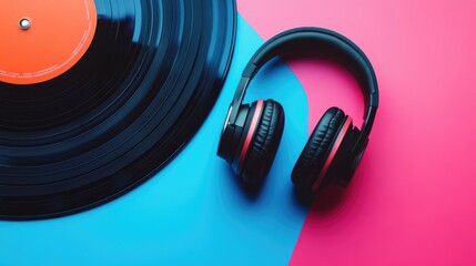 A black vinyl record beside a pair of headphones rests on a bright blue and pink surface, showcasing a dynamic music-focused arrangement