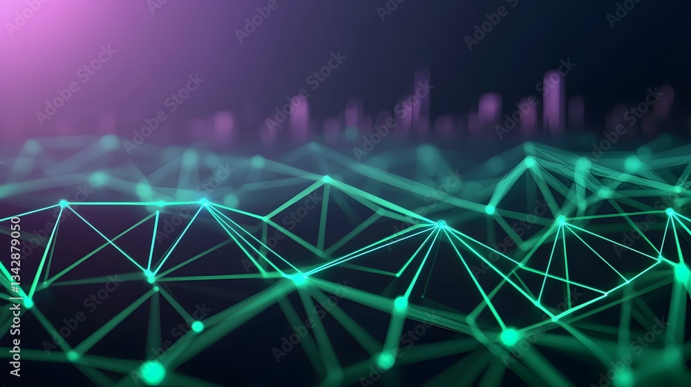 Poster the image contains an abstract representation of a network or connection, depicted as glowing teal l