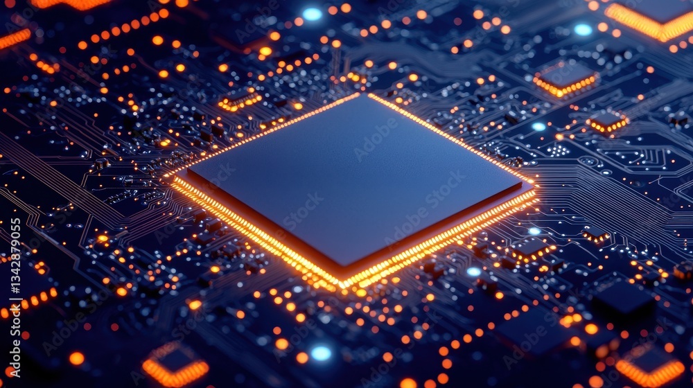 Poster close-up view of a microprocessor on a circuit board at night