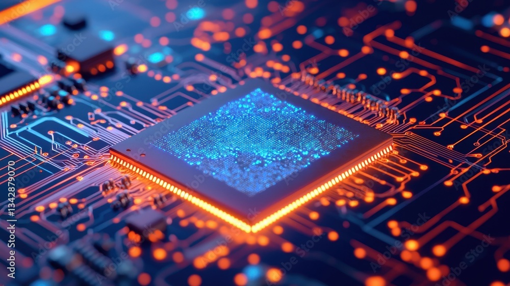 Poster close-up view of futuristic microprocessor on circuit board surface
