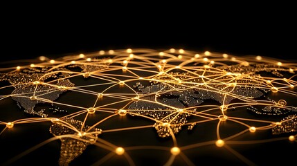 The image shows a stylized world map with glowing nodes and connecting lines, illustrating a global network.